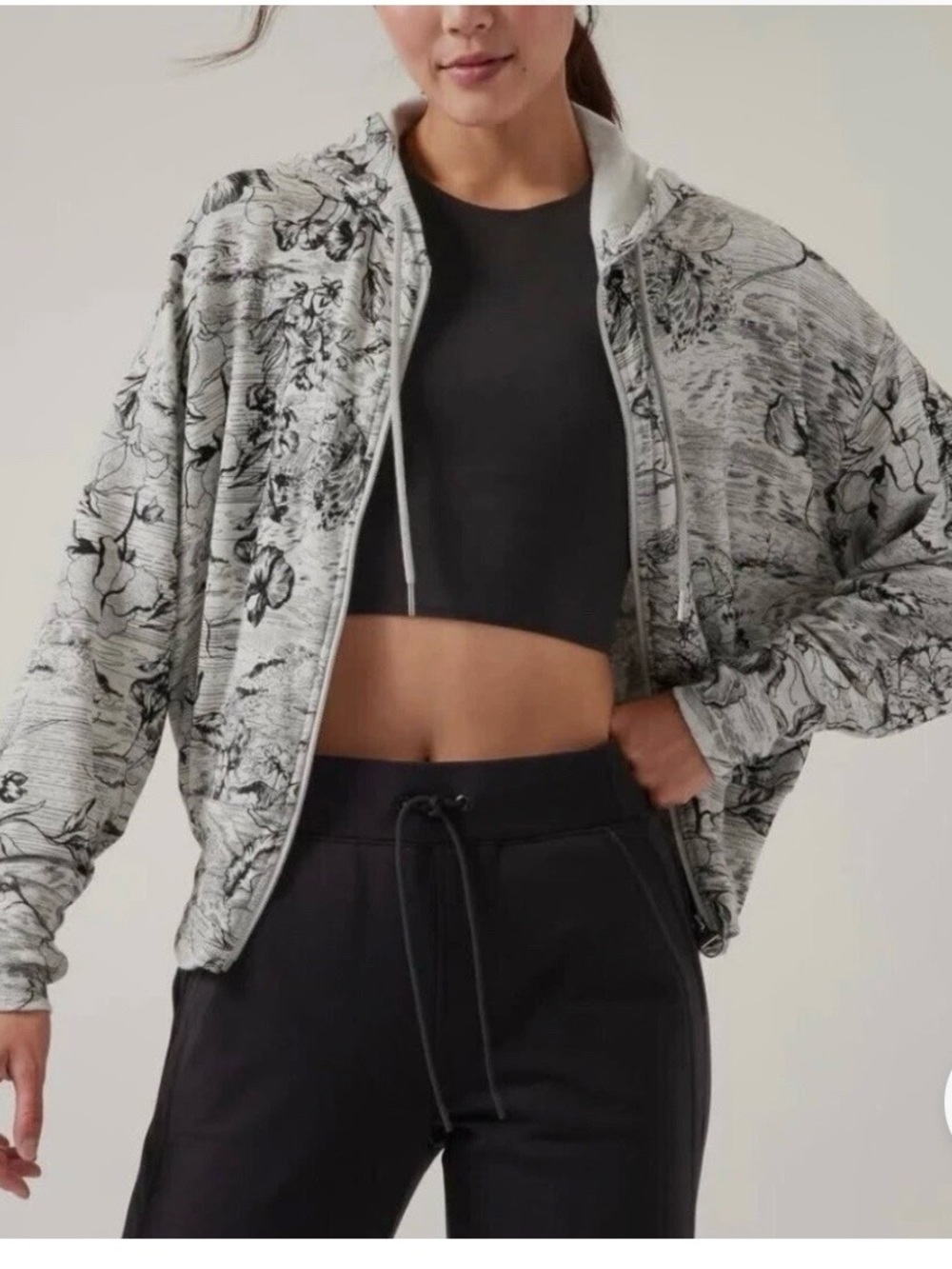 Athleta Gray Floral Zip Bomber Hoodie